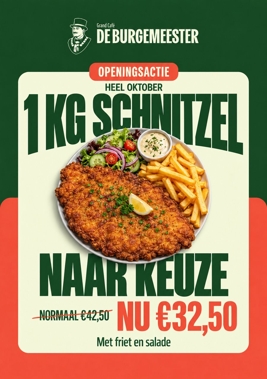 Openingsactie: 1 kg schnitzel naar keuze, heel oktober nu €32,50 in plaats van €42,50